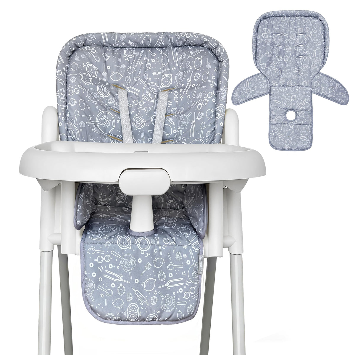 Sprouterie baby high chair cover on the chair seat for a secure fit.