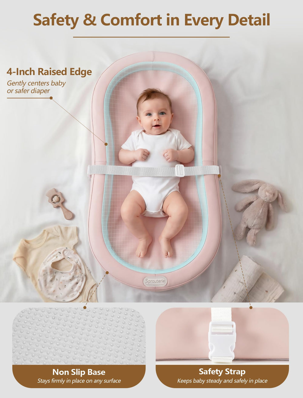 Sprouterie changing pad pink color closeup complements nursery design