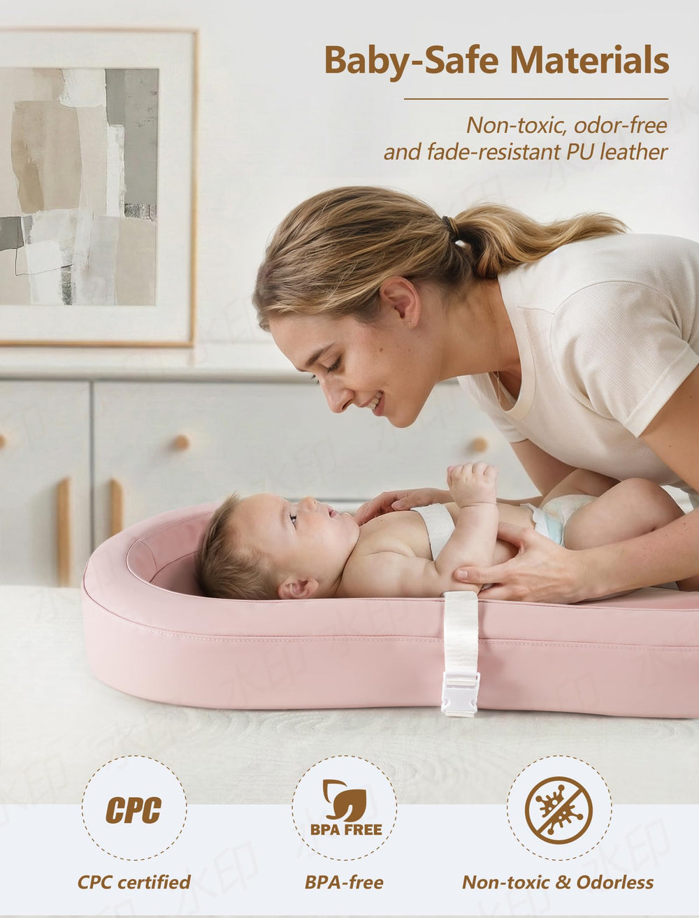 Sprouterie changing pad quick setup image shows tool-free assembly