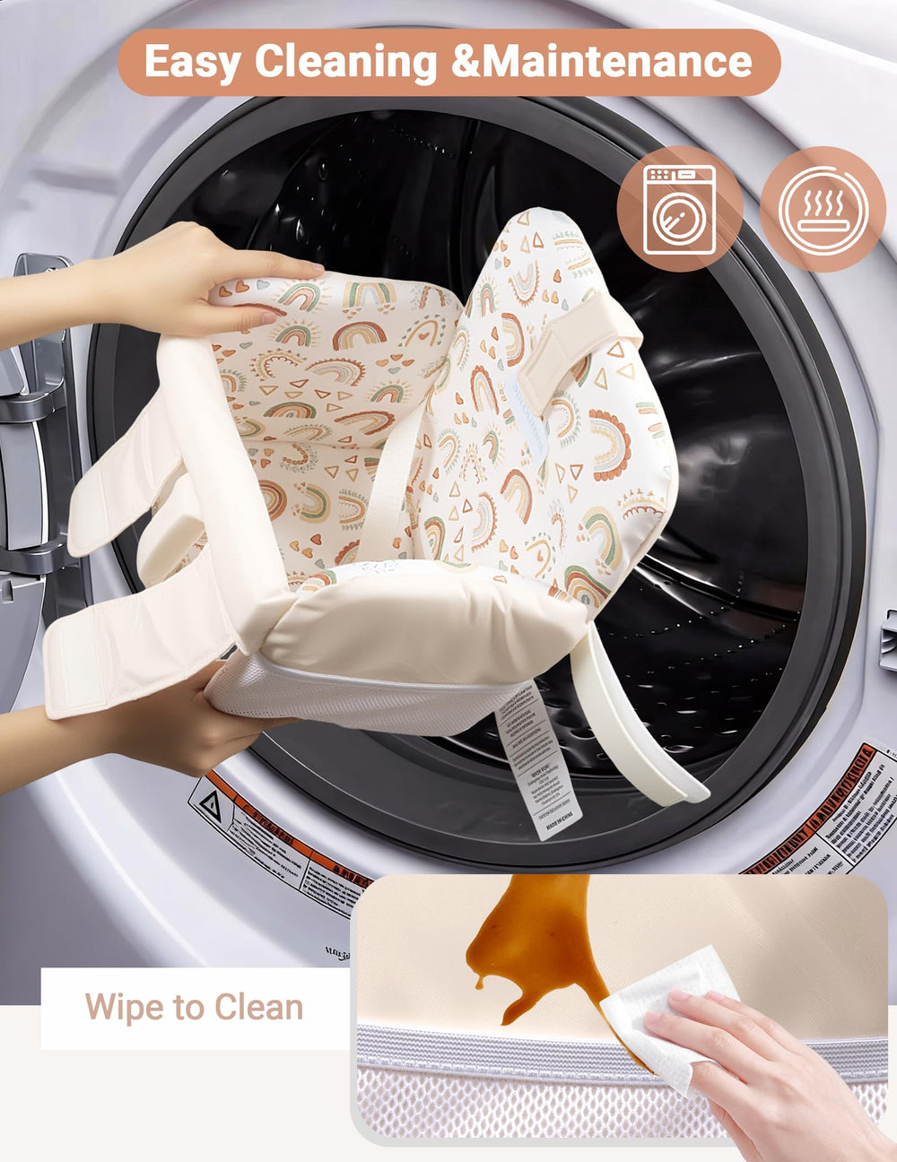 Machine washable fabric on the Sprouterie cover for easy cleaning after use.