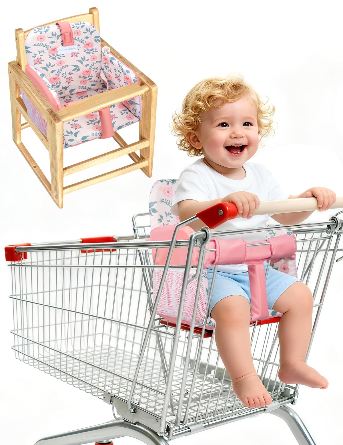Sprouterie pink cart cover with soft foam padding for baby comfort.