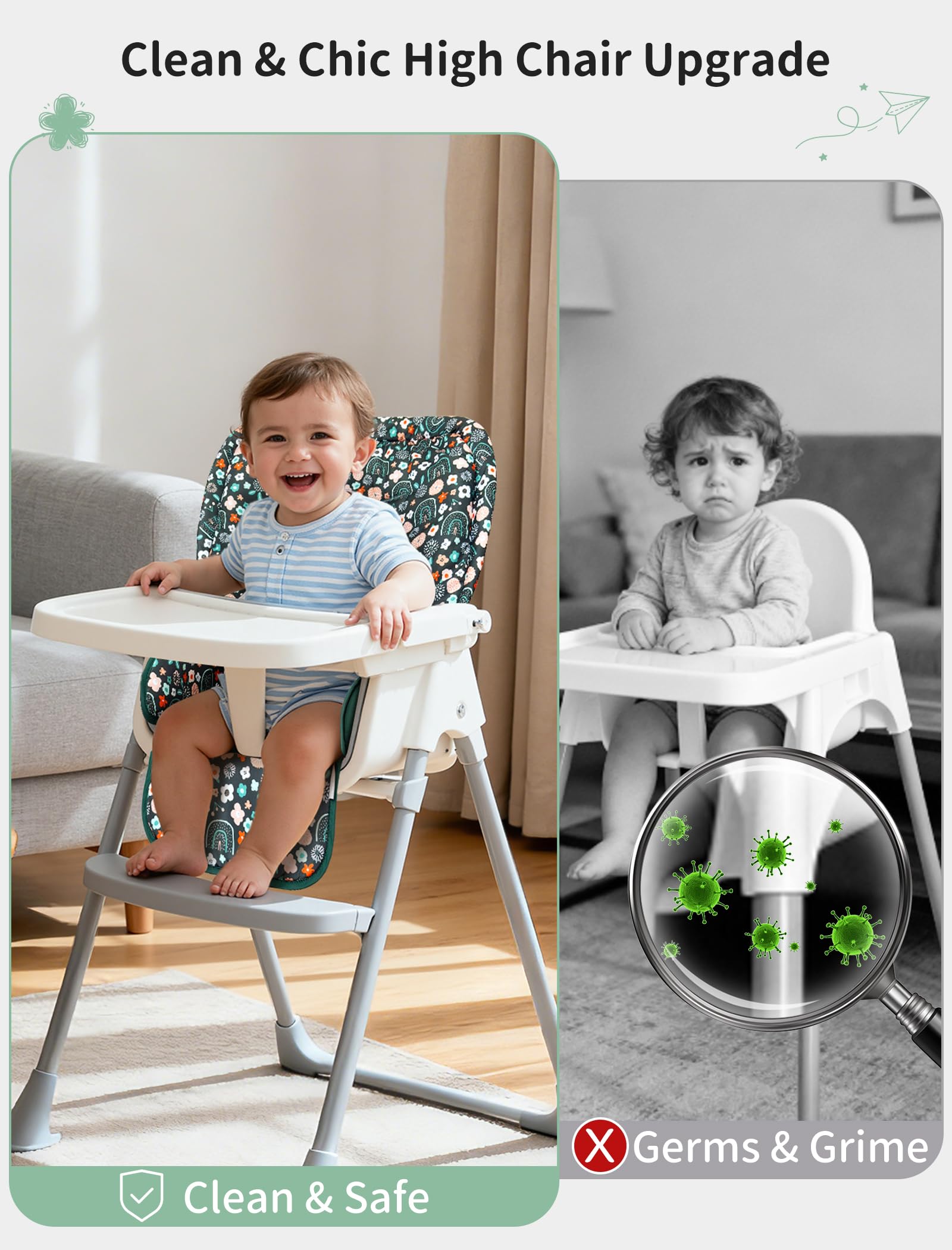 Sprouterie high chair cover shows 3-5 point harness fit for secure seating.