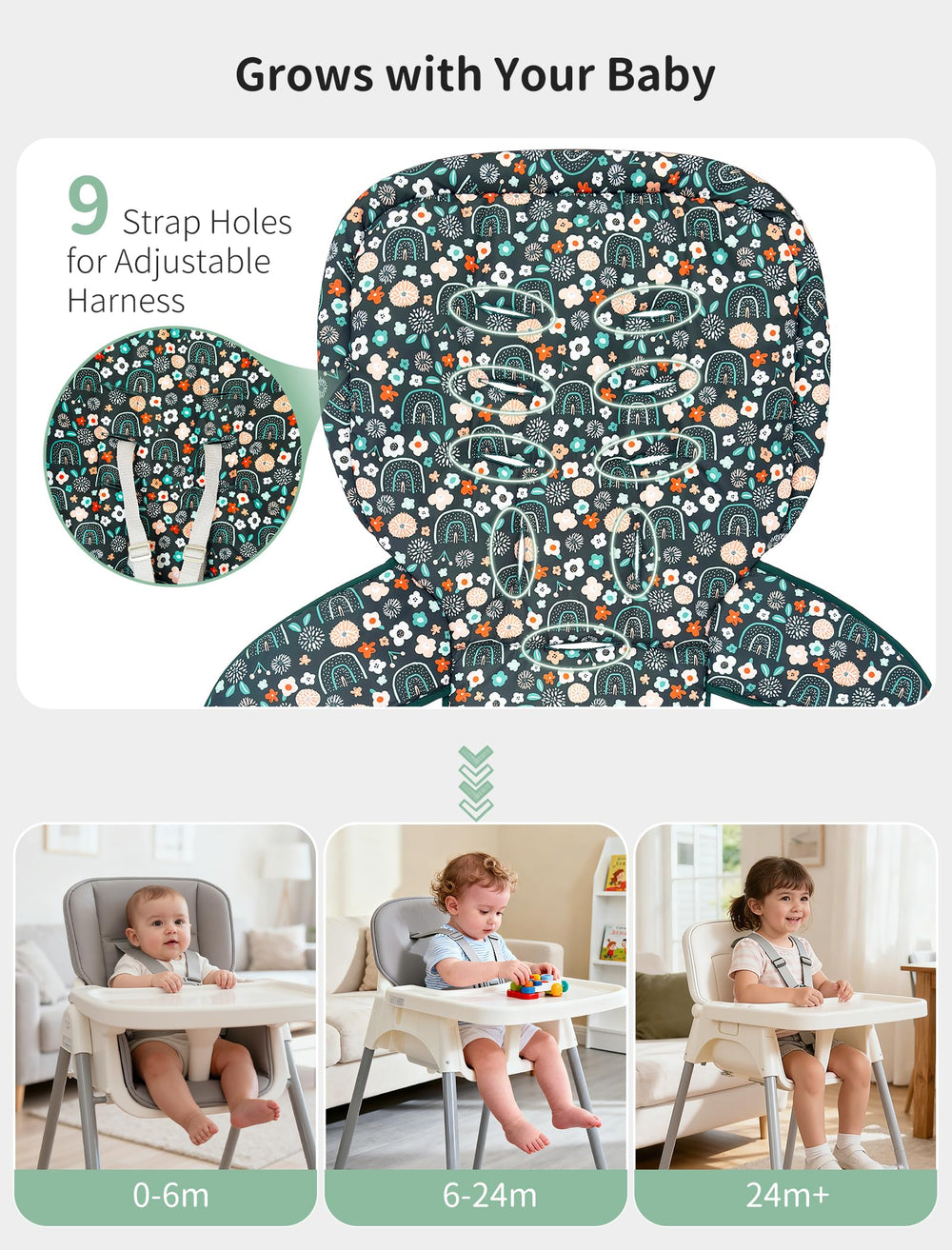 Sprouterie elastic backing and side ties keep the cover in place during meals.