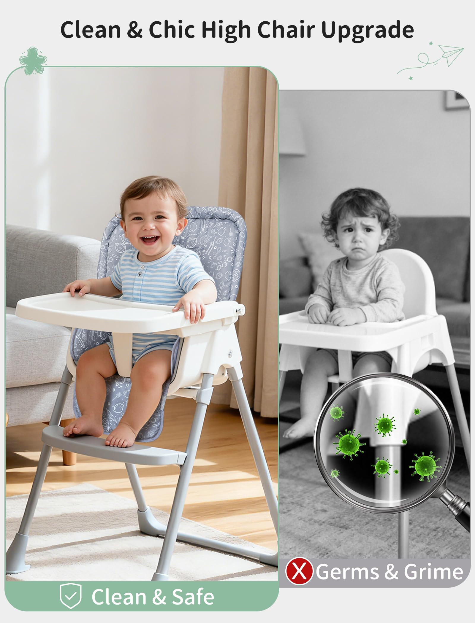 Elastic backing keeps the Sprouterie high chair cover securely in place.