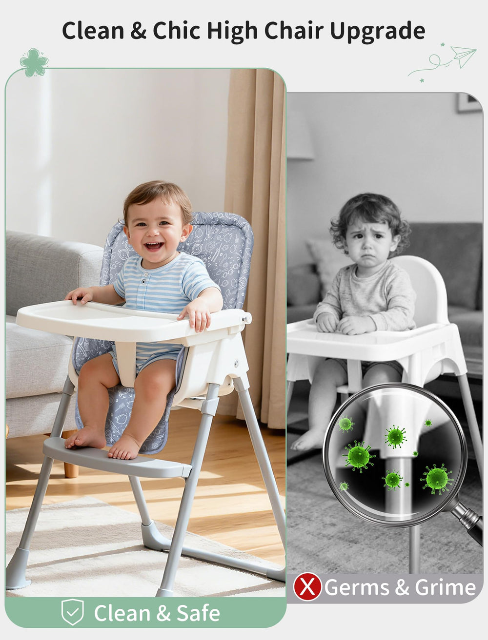 Elastic backing keeps the Sprouterie high chair cover securely in place.