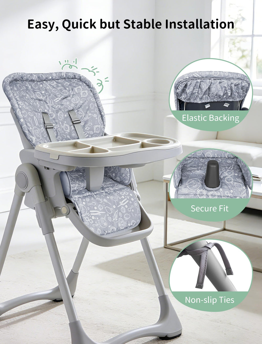 0.4-inch high-density foam padding cushions little mealtimes on Sprouterie high chair cover.