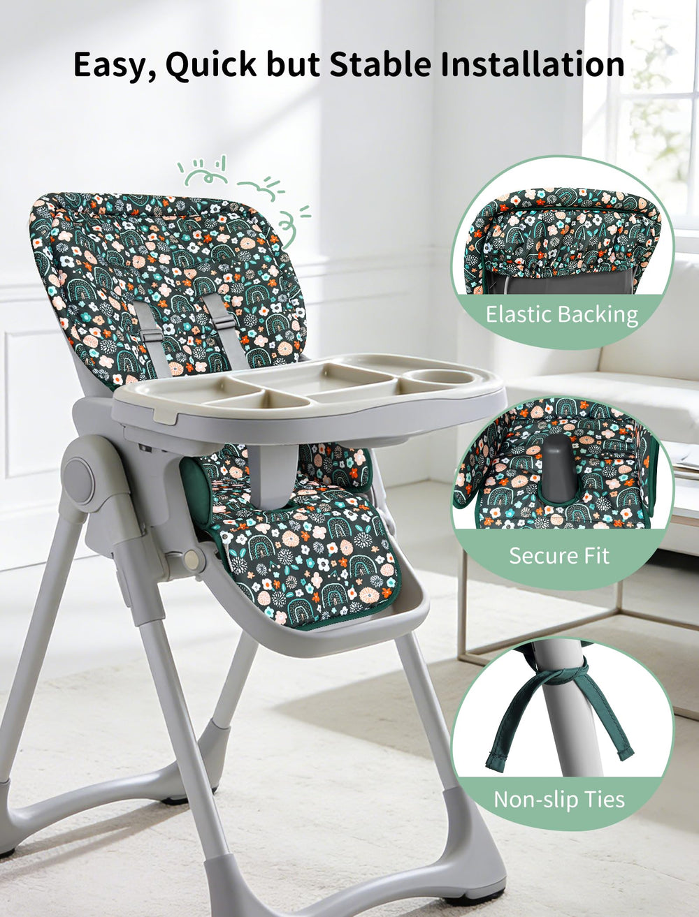Sprouterie foam-padding provides soft comfort for baby during meals.