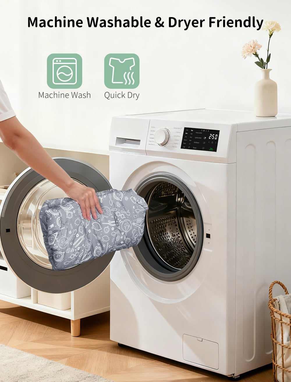 Machine washable and dryer safe for Sprouterie high chair cover after meals.