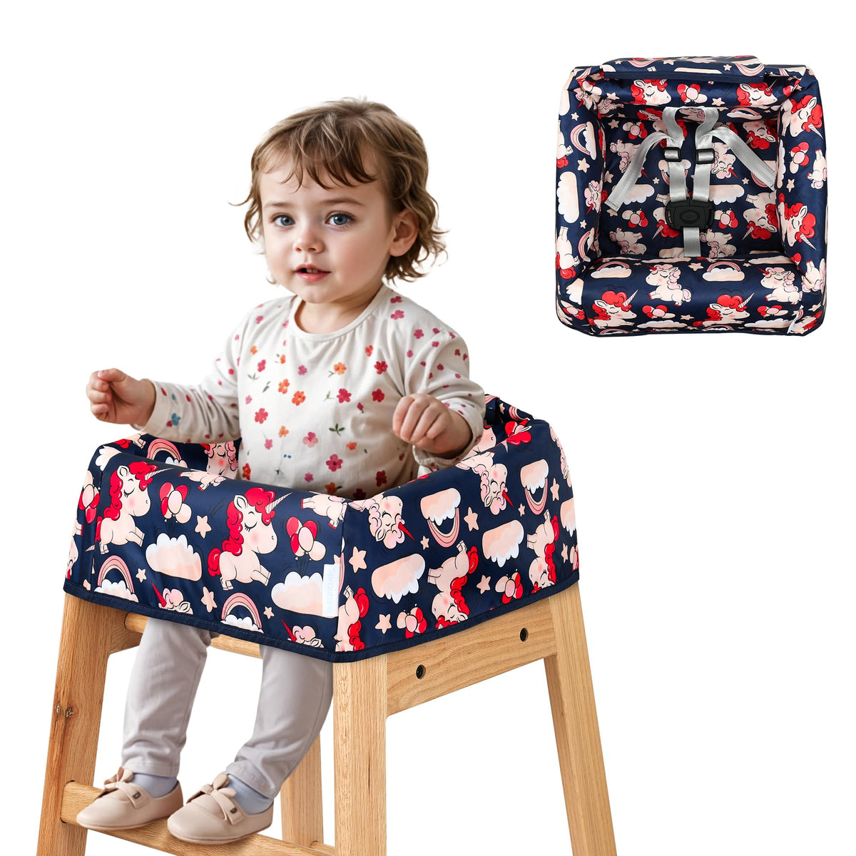 Sprouterie high chair cover with unicorn safety harness keeps baby secure during meals