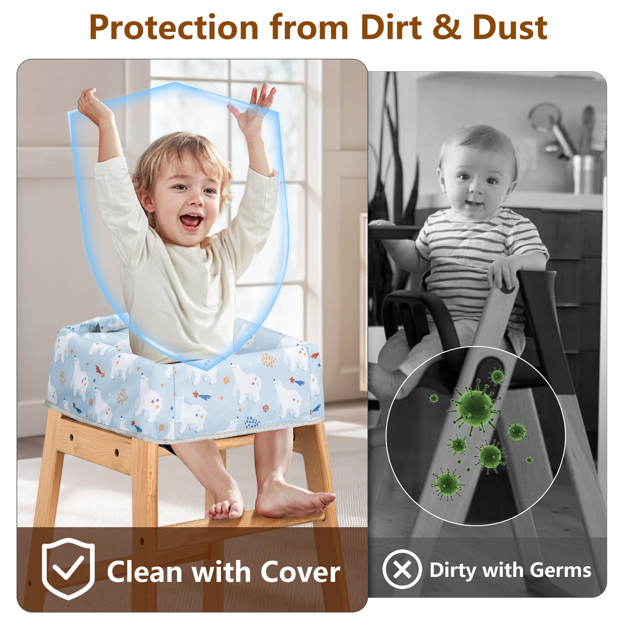 Sprouterie high chair cover shows three-point safety harness for secure seating during meals