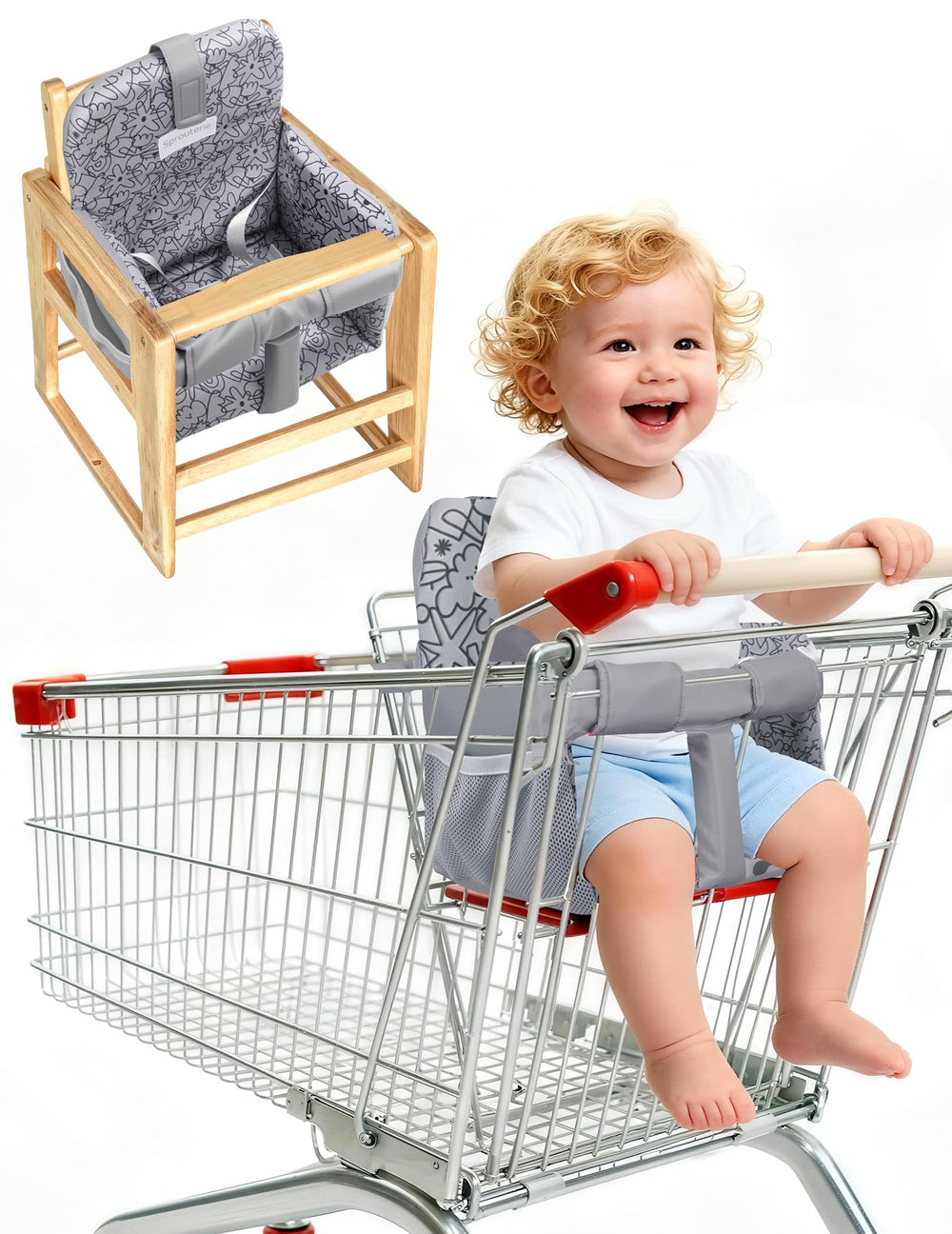 Sprouterie shopping cart cover in dark grey with soft padding for comfy baby seating.