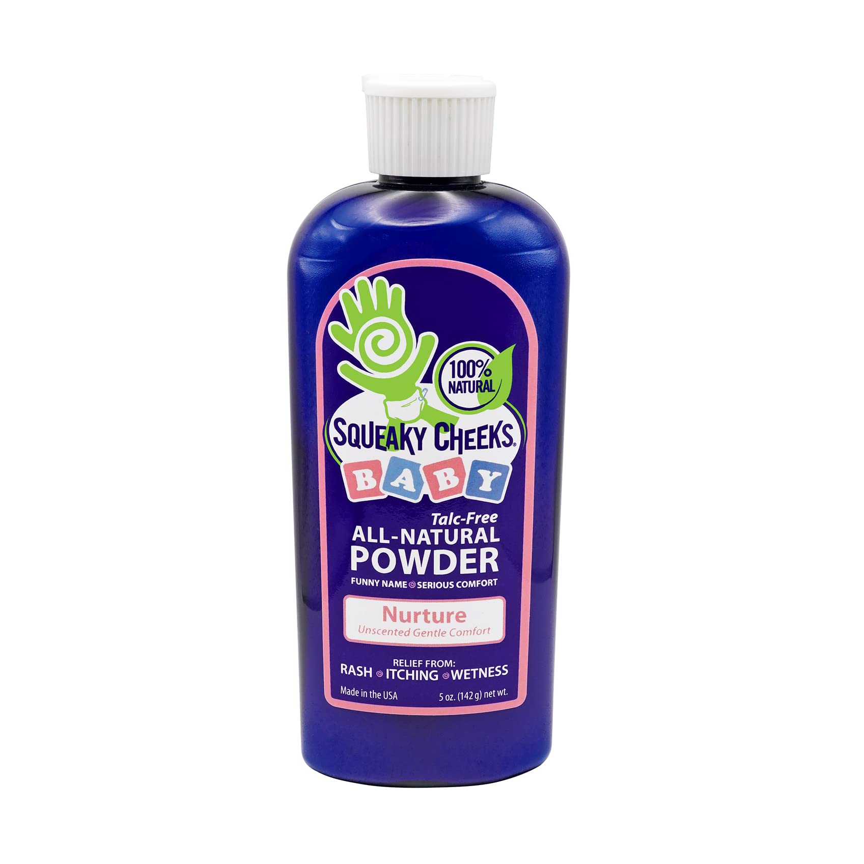 Squeaky Cheeks baby powder tin with unscented formula for sensitive skin