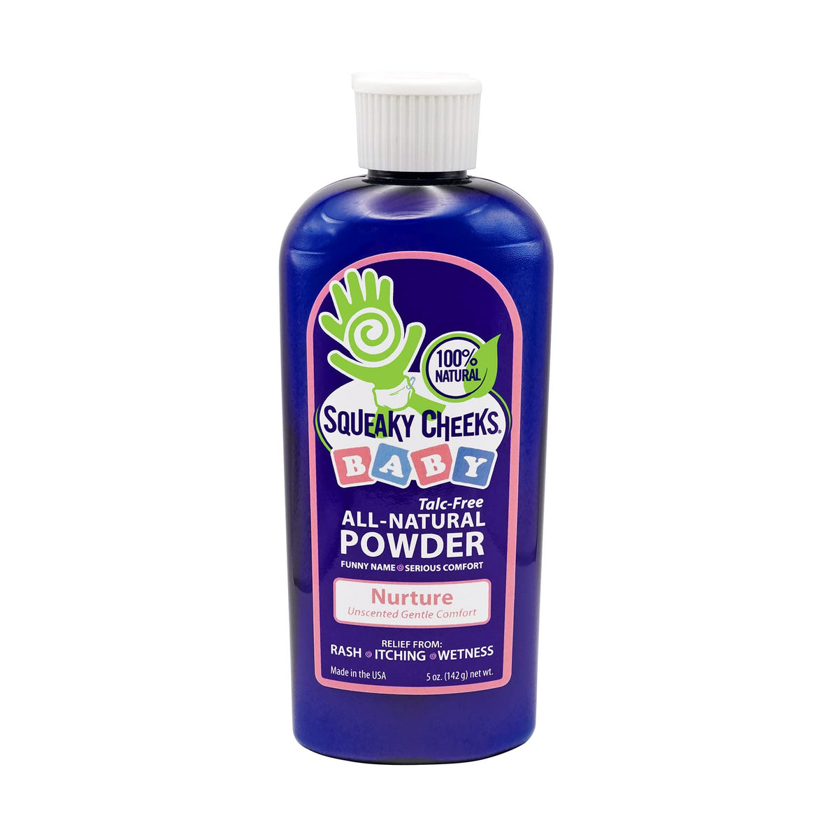 Squeaky Cheeks baby powder tin with unscented formula for sensitive skin