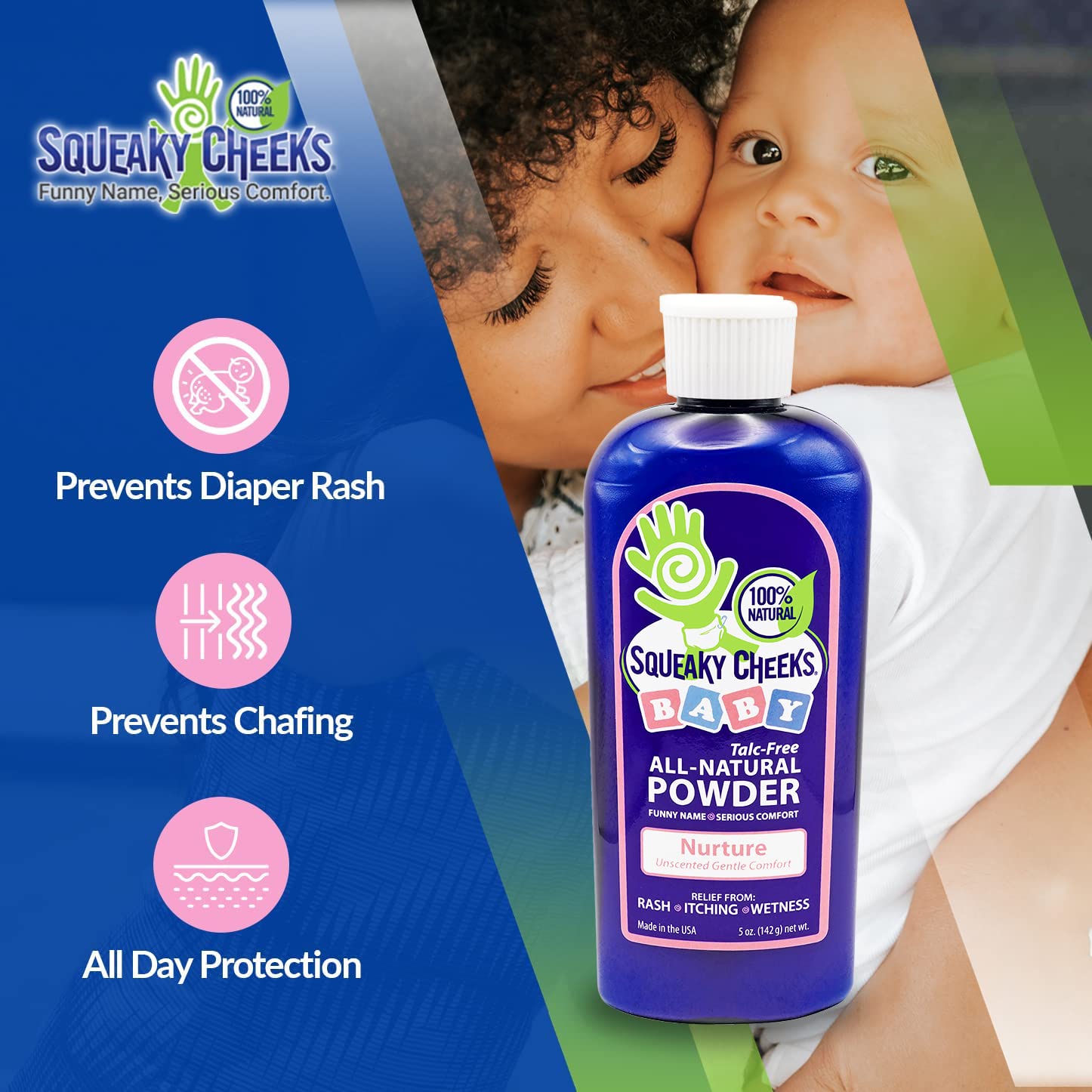 Squeaky Cheeks diaper rash relief through gentle powder application