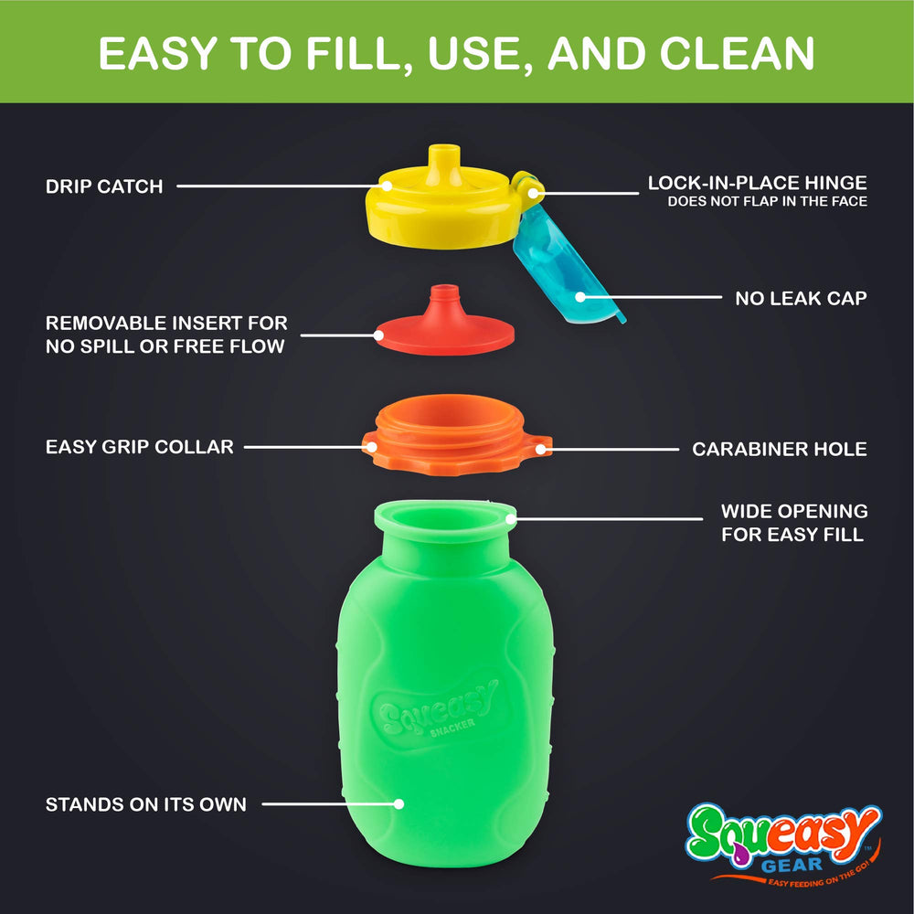 Squeasy Snacker green pouch in travel setting with leak-proof design