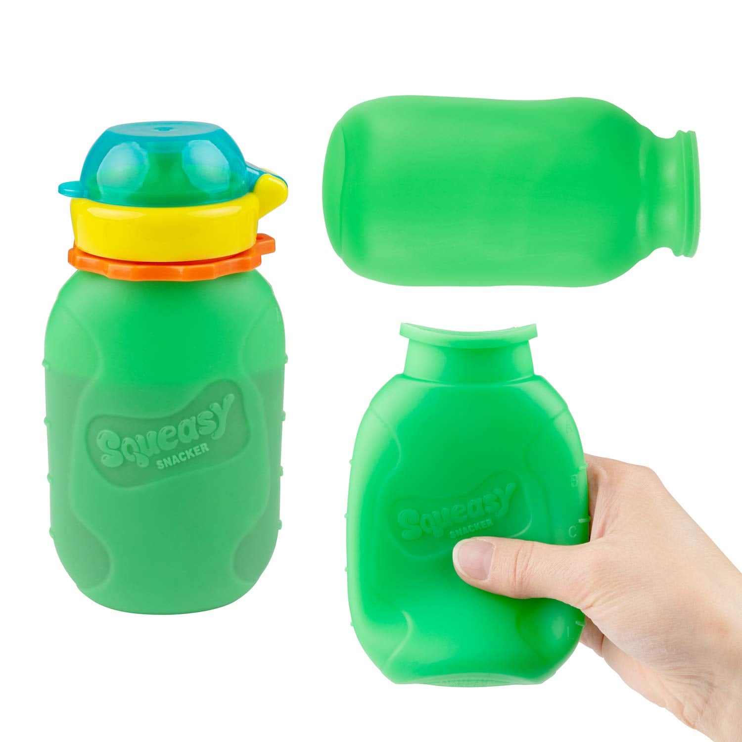 Squeasy Snacker green pouch with lid insert shown for controlled flow