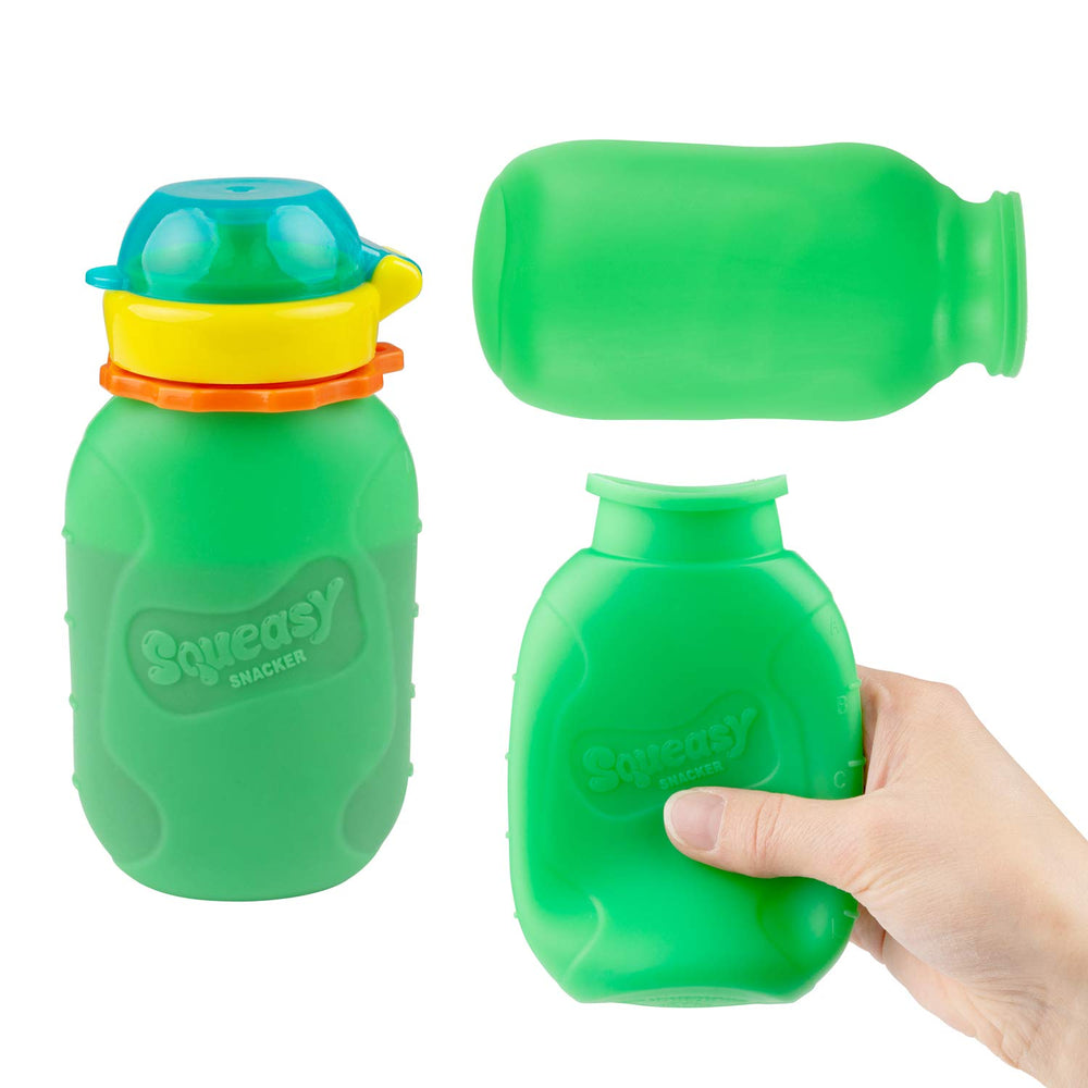 Squeasy Snacker green pouch with lid insert shown for controlled flow