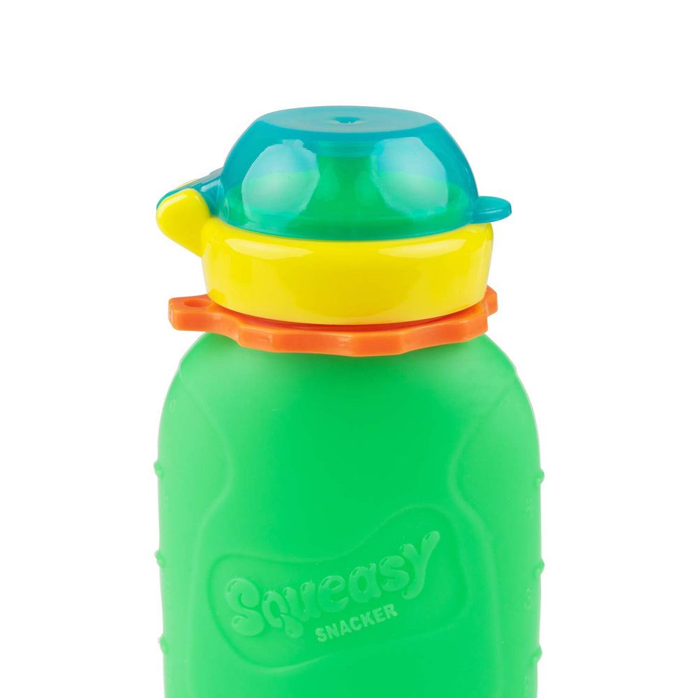 Squeasy Snacker green pouch interior view shows no-spill insert for controlled flow