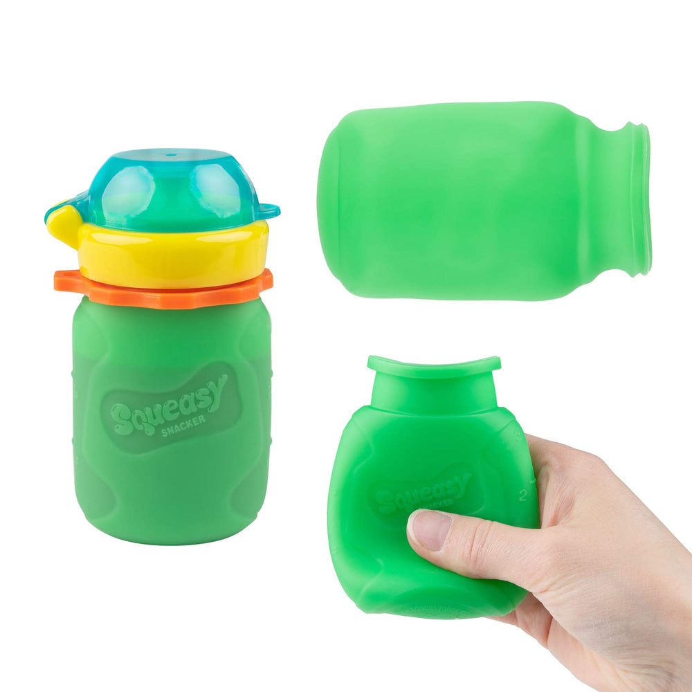 Squeasy Snacker Green no-spill lid insert demonstrates mess-free self-feeding