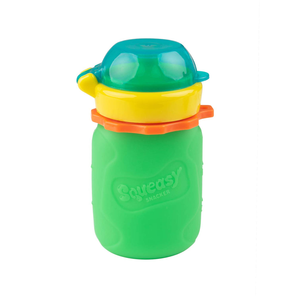 Squeasy Snacker Green removable lid insert enabling adjustable flow for thicker foods