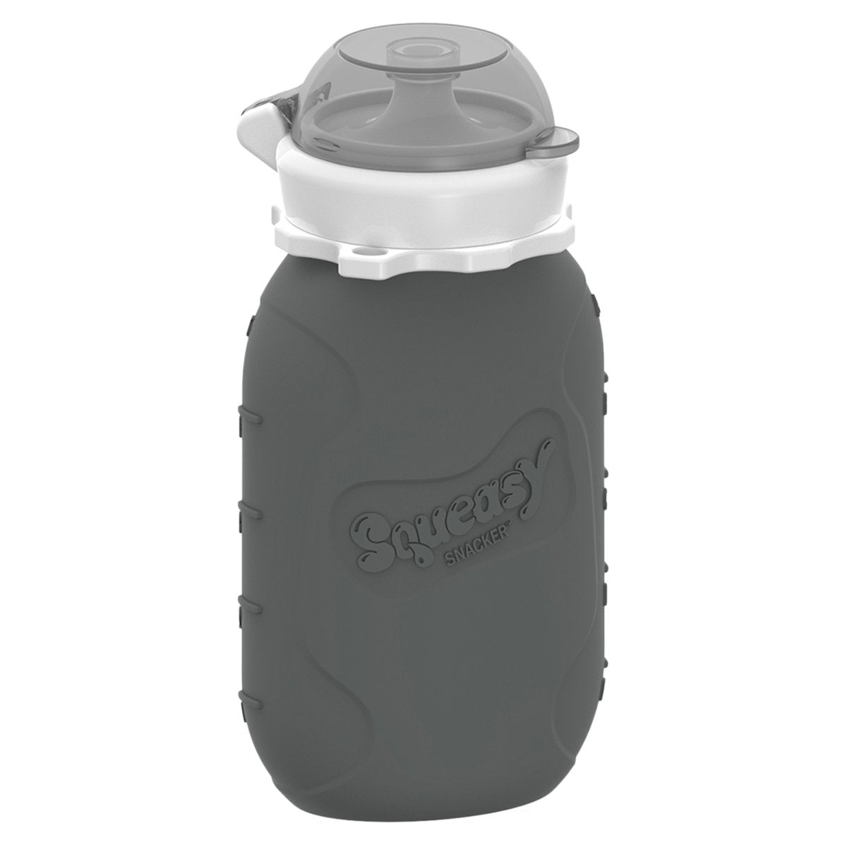 Squeasy Snacker Grey 6 oz pouch for soft foods and liquids, safe and reusable.
