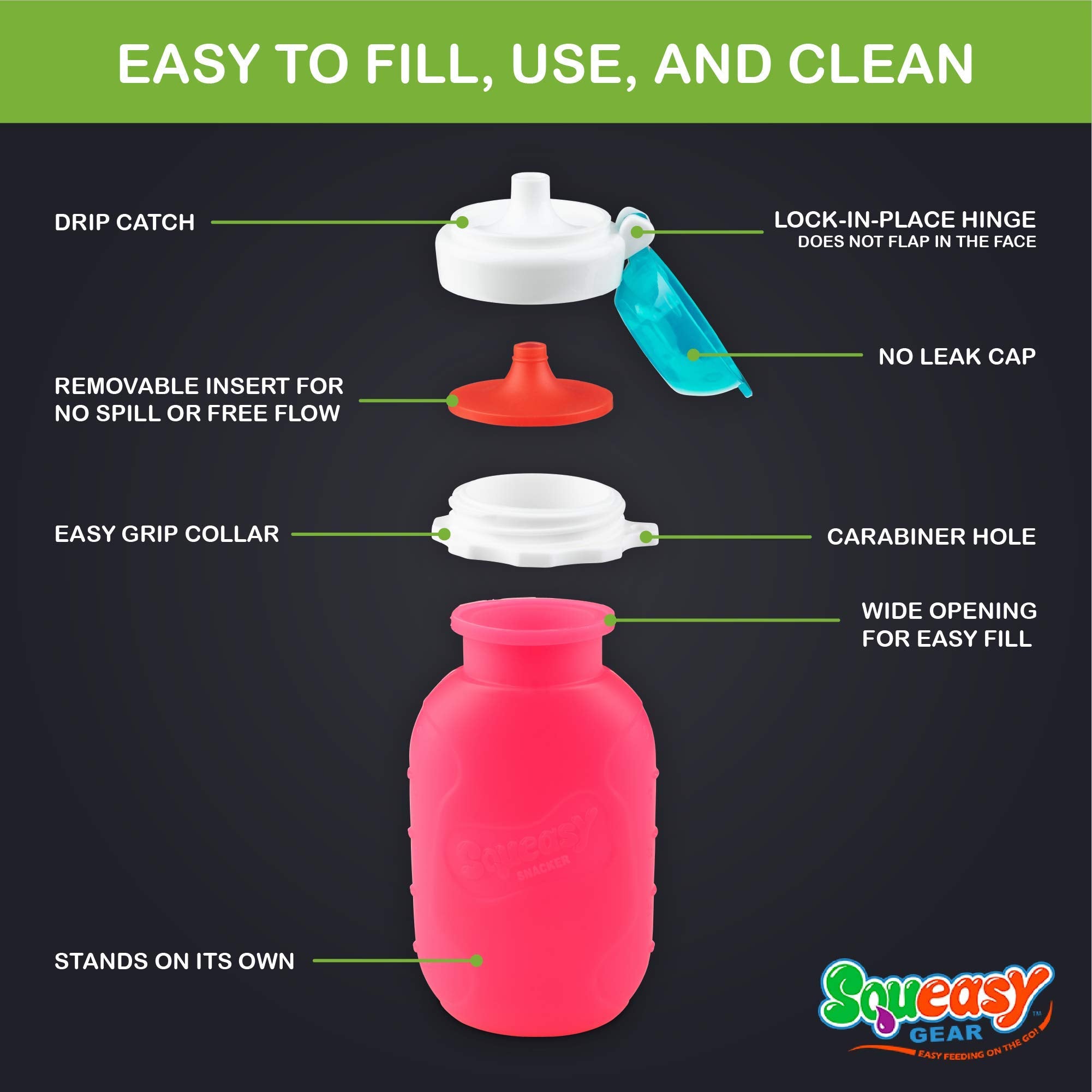 Squeasy Snacker leak-proof cap keeps liquids sealed on the go.