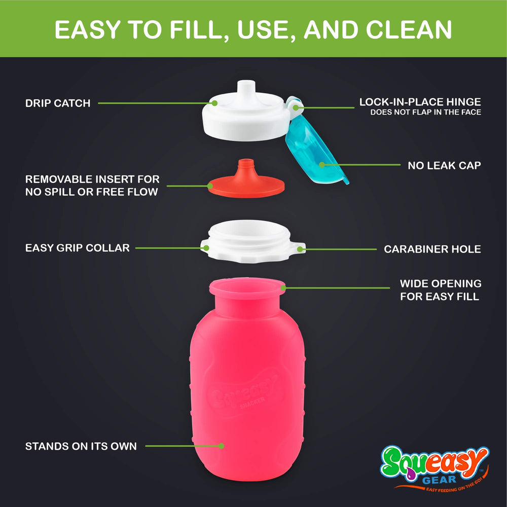 Squeasy Snacker leak-proof cap keeps liquids sealed on the go.