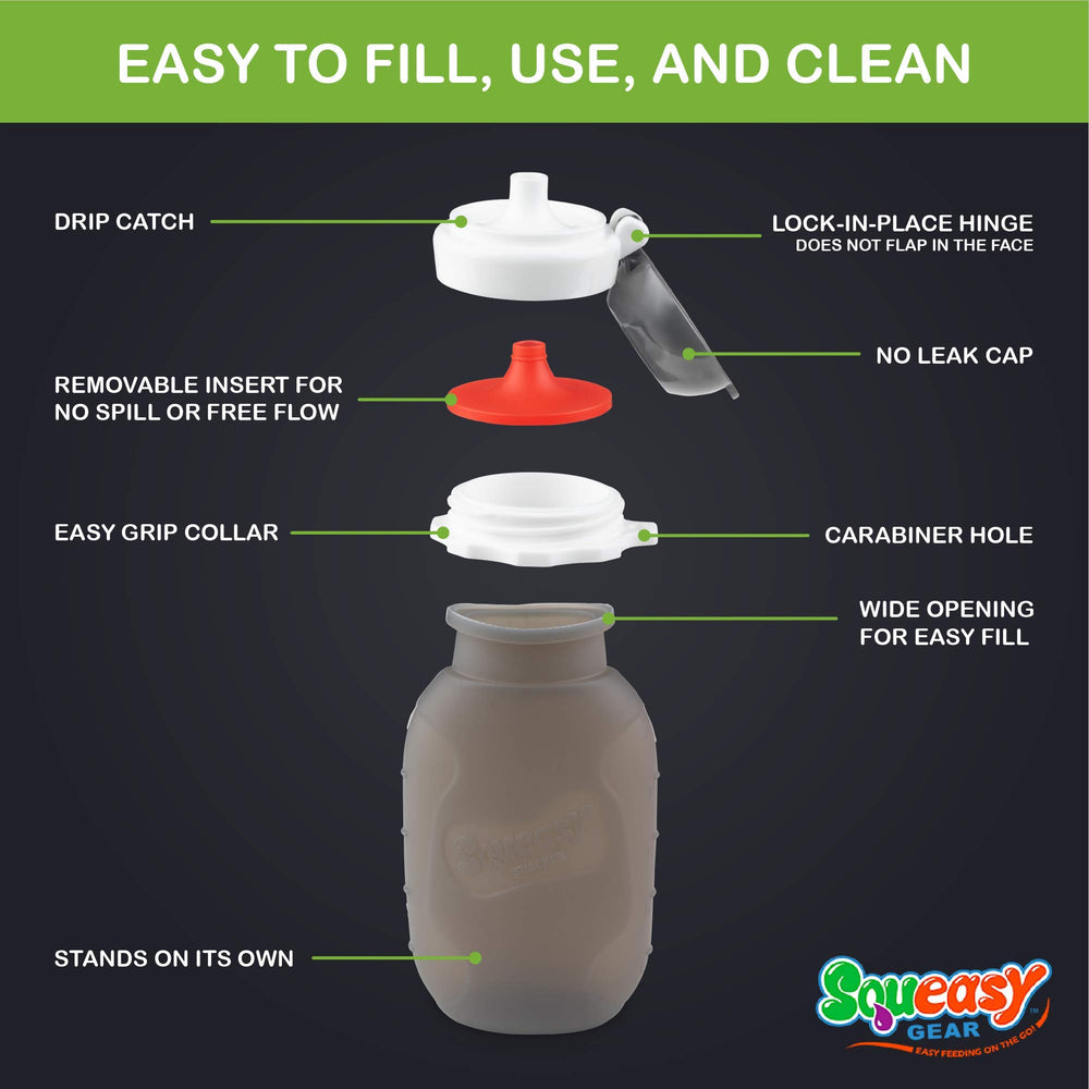 Squeasy Snacker leak-proof cap seals liquids securely for travel.