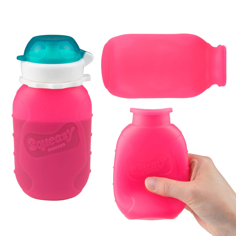 Squeasy Snacker no-spill lid insert prevents leaks during travel.