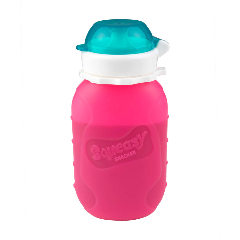 Squeasy Snacker pink 6oz pouch for mess-free on-the-go snacking.