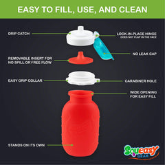 Squeasy Snacker red 6oz dishwasher-safe for easy cleanup.