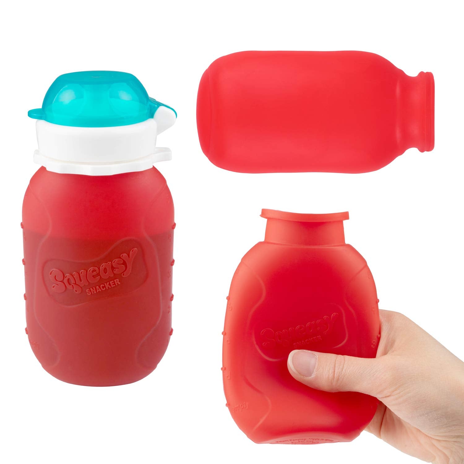 Squeasy Snacker red 6oz with no-spill lid insert for secure self-feeding.