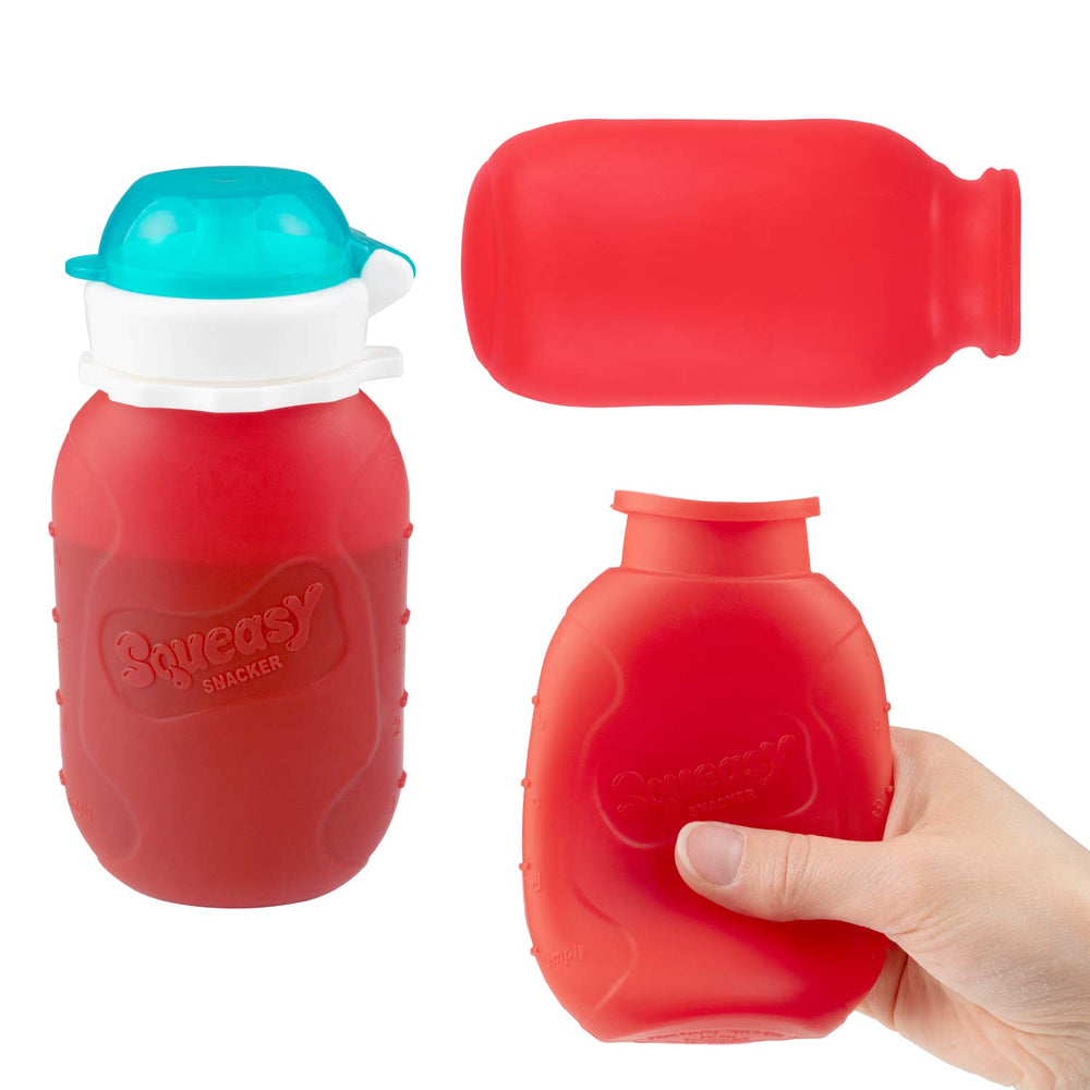 Squeasy Snacker red 6oz with no-spill lid insert for secure self-feeding.