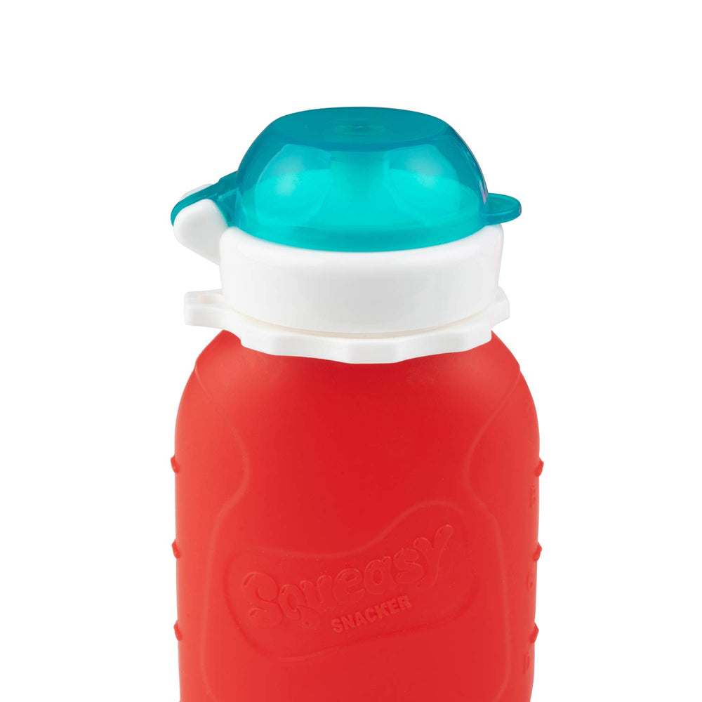 Squeasy Snacker red 6oz on-the-go use in bag or car.