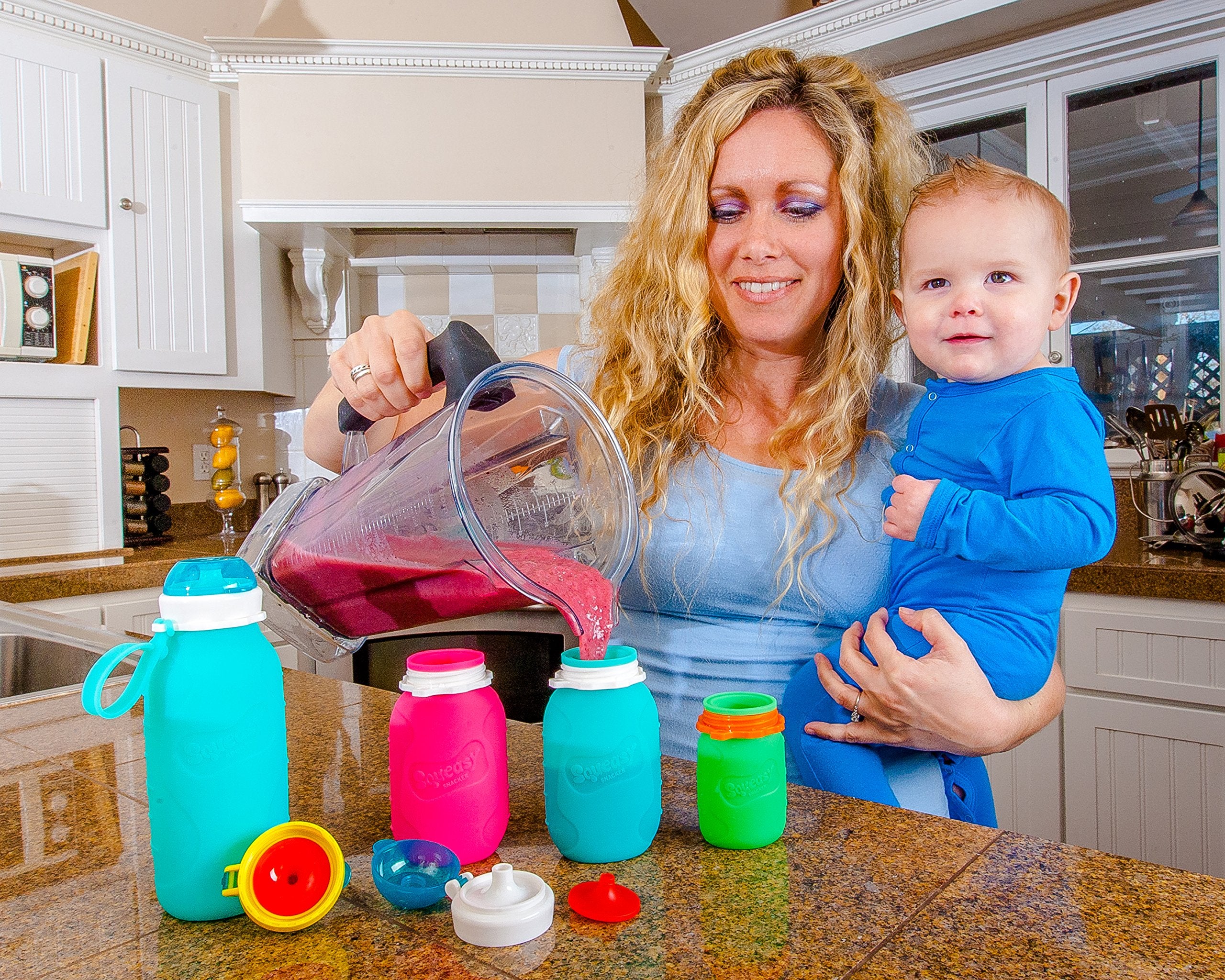 Squeasy Snacker travel-friendly pouch fits in bags and cup holders.