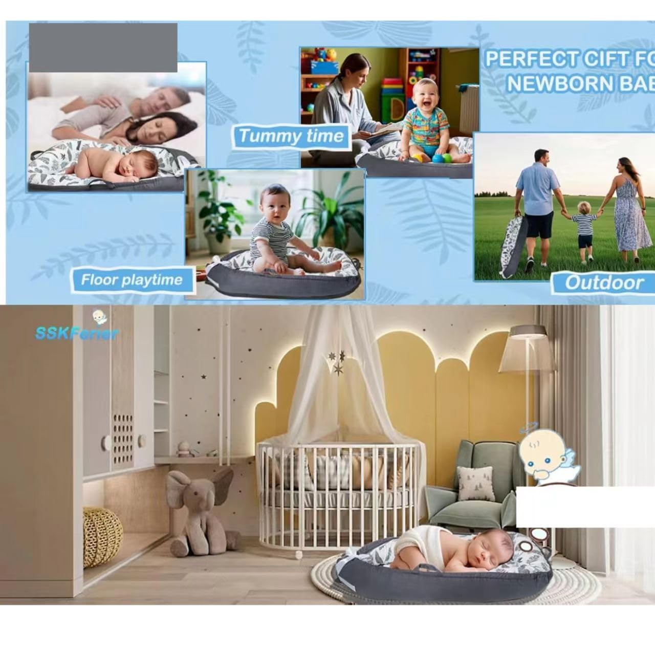 SSKFerier baby lounger placed on the floor for supervised play and rest.