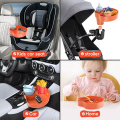 SSPONT travel tray attached to car seat showing wide compatibility with various seats.