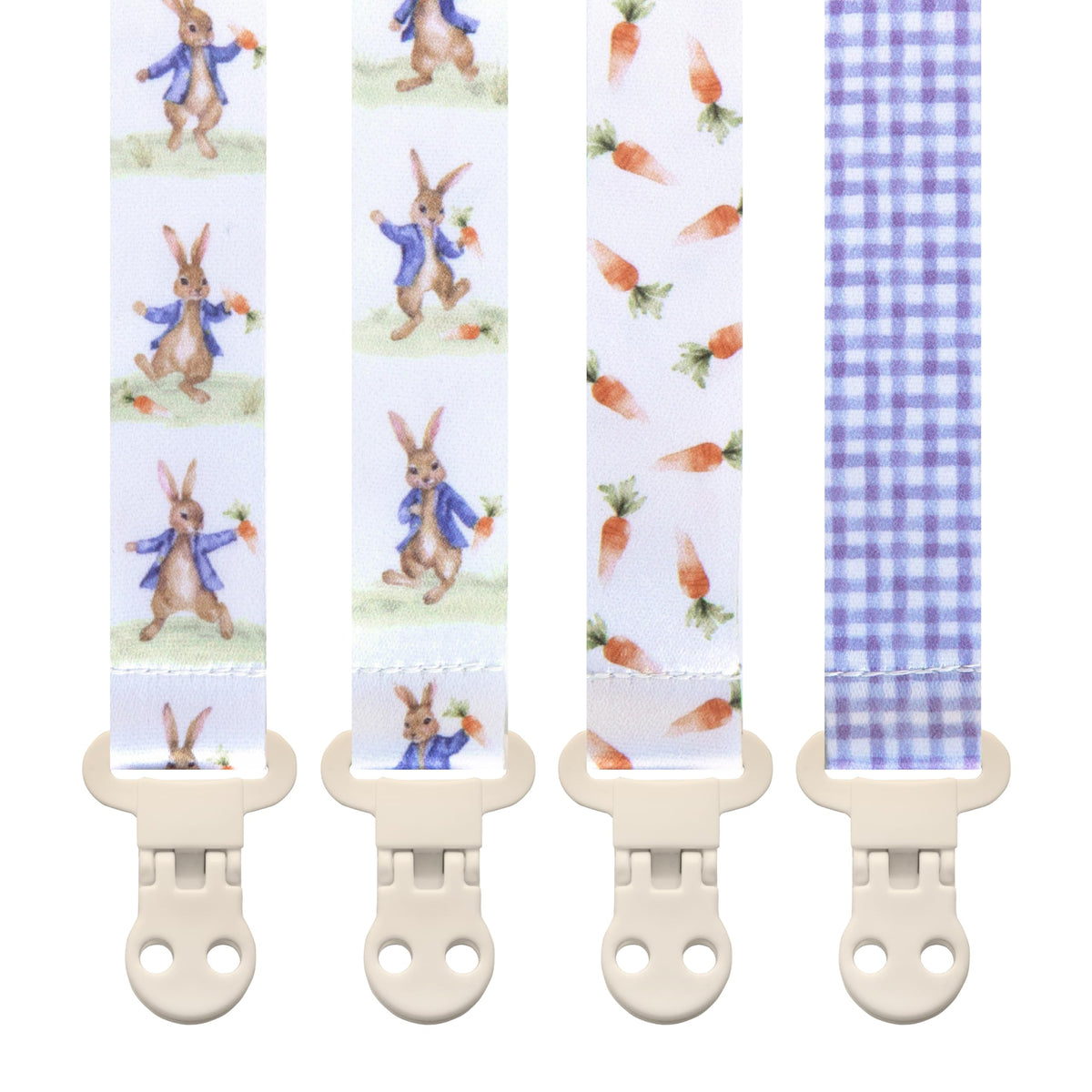 Stadela four-pack pacifier clip with neutral patterns keeps pacifiers within reach
