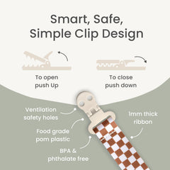 Stadela pacifier clip silky ribbon detail for gentle touch on clothes.