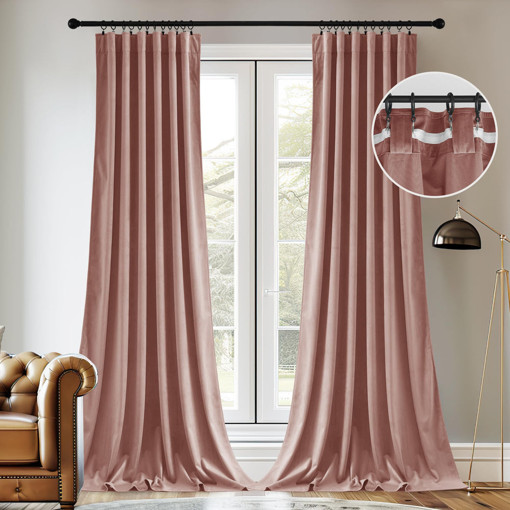 StangH pink velvet curtains in a living room setting with soft texture.