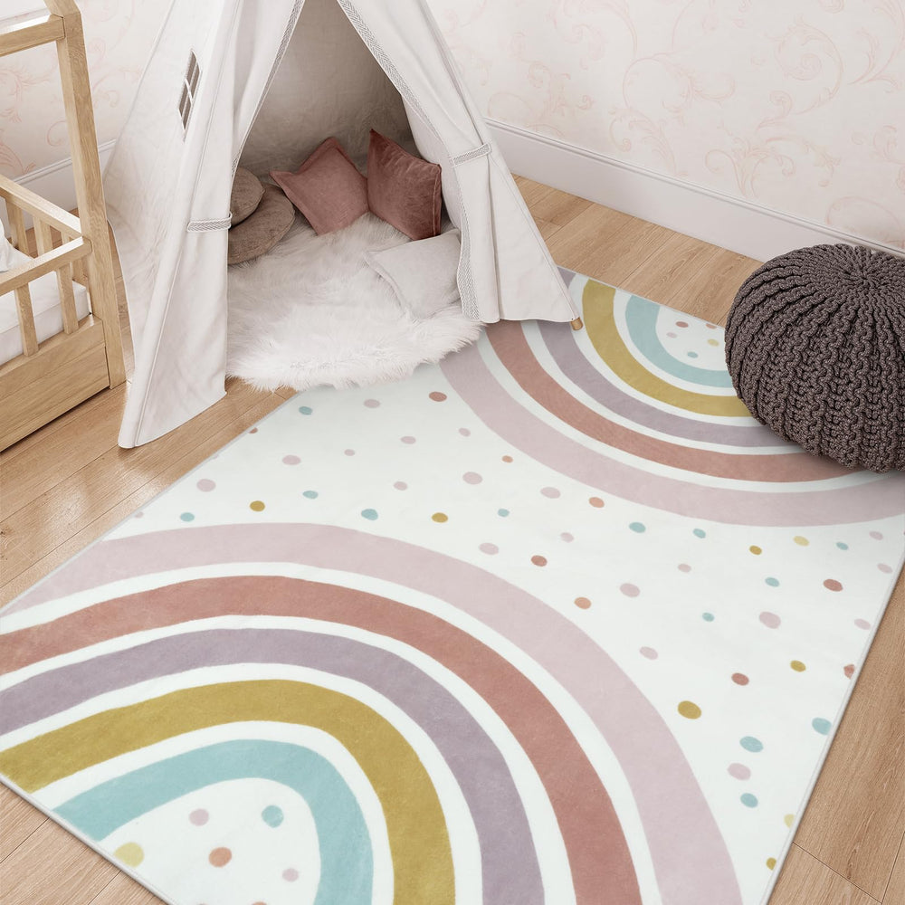 STARUIA Rainbow Rug with colorful double rainbow pattern supports color recognition in kids' rooms.