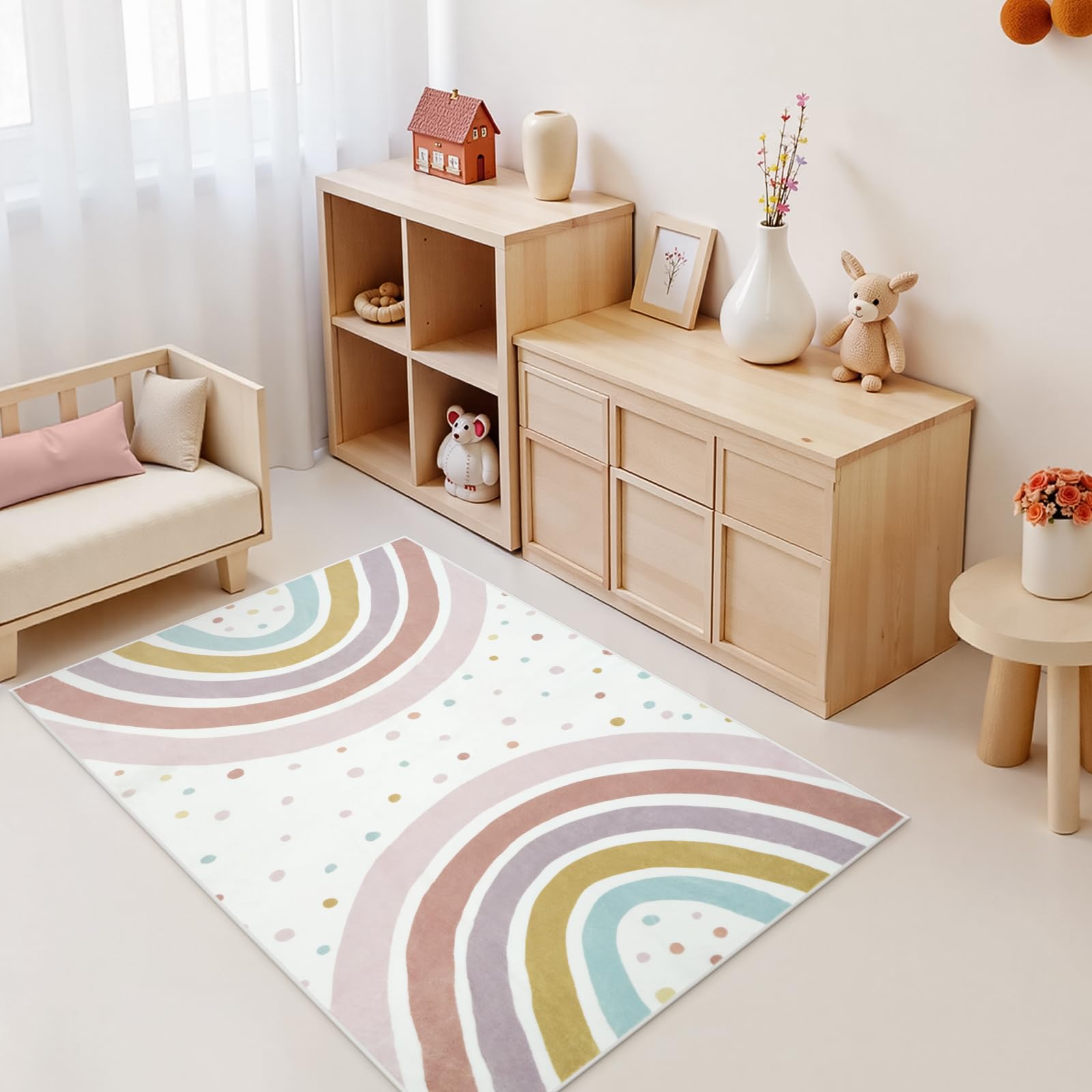 STARUIA Rainbow Rug is machine washable for easy cleanup after activities.