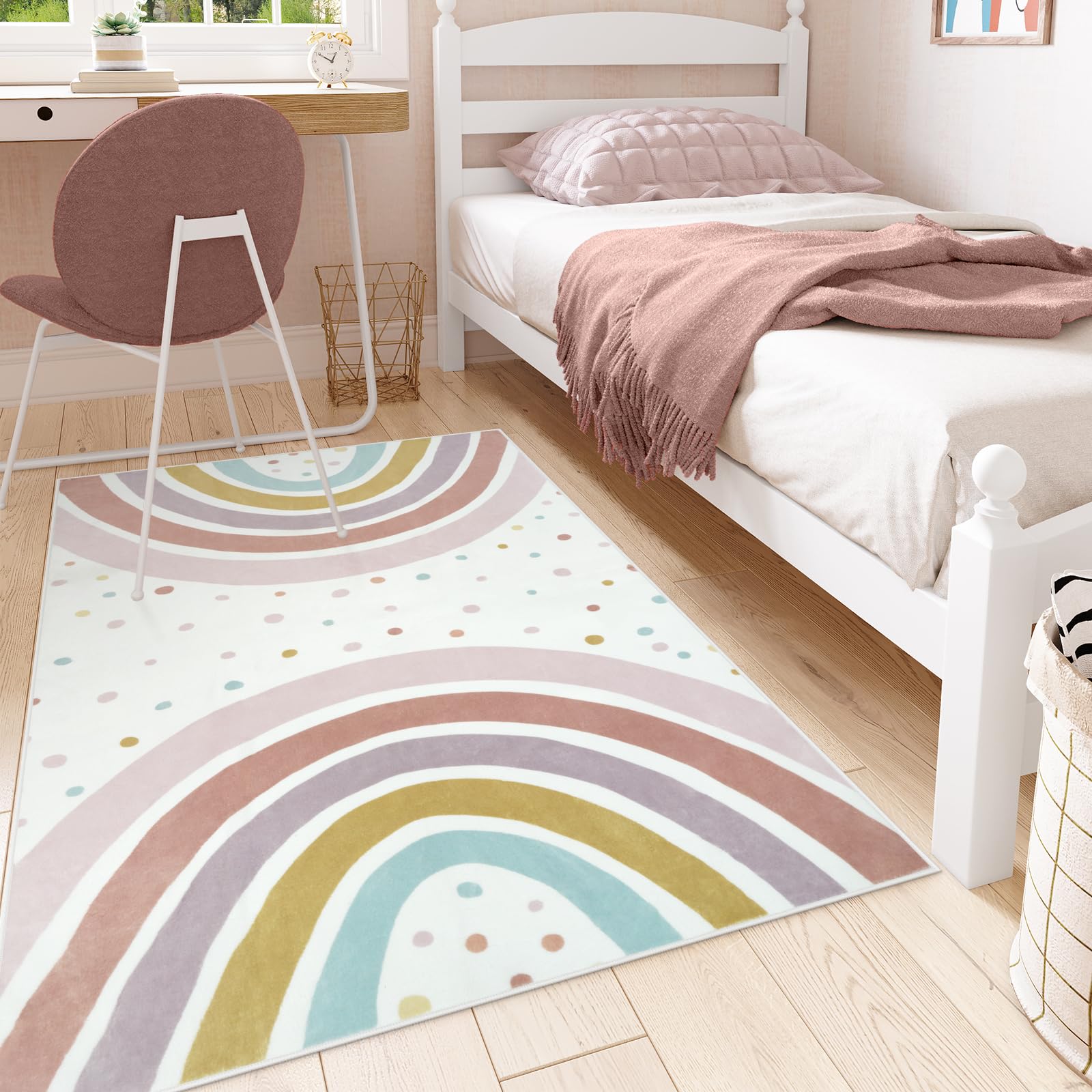 STARUIA Rainbow Rug features polka dots to spark playful decor and tactile exploration.