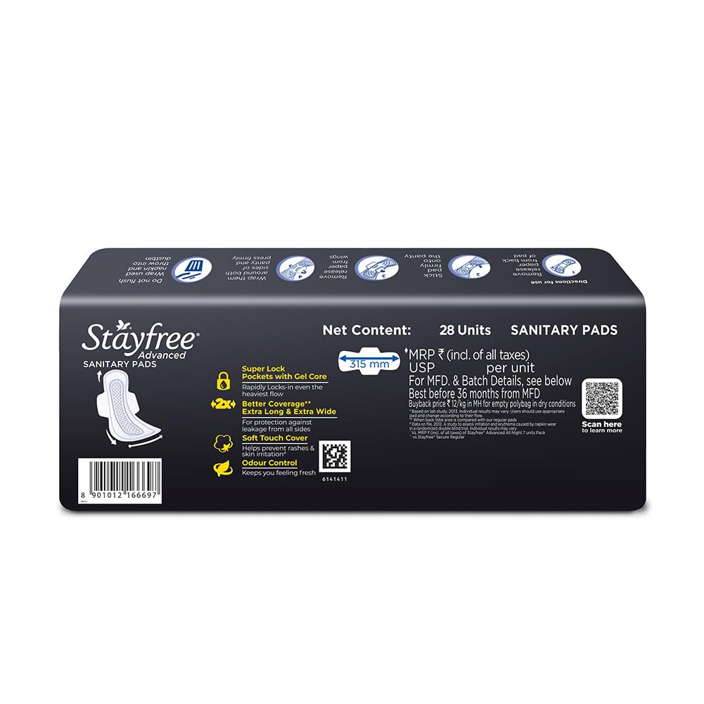 Stayfree Advanced XL All Night pad long-coverage design.