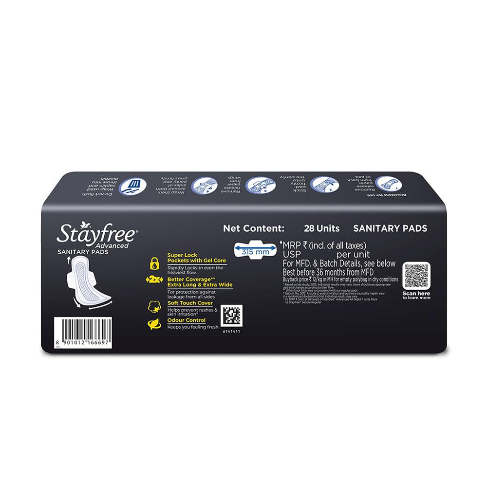 Stayfree Advanced XL All Night pad long-coverage design.