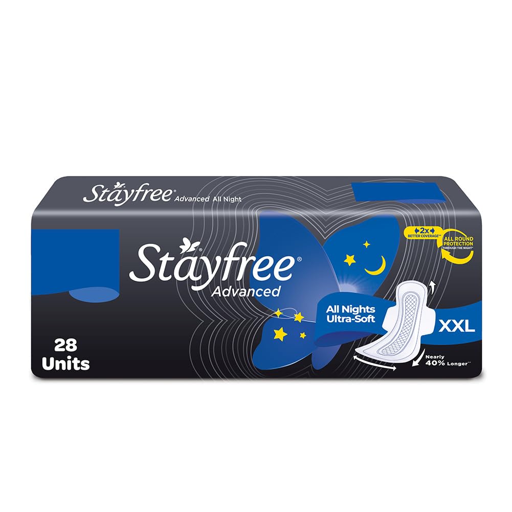 Stayfree Advanced XL All Night pad with wings in package for overnight protection.