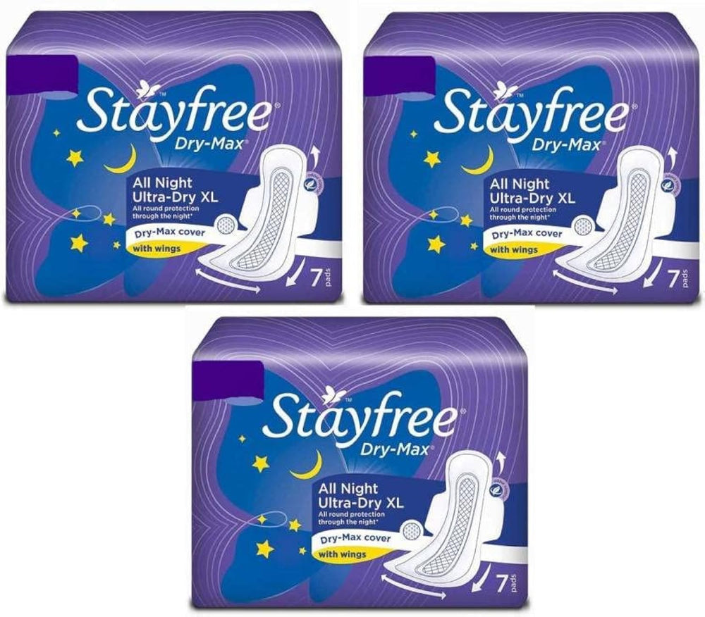 Stayfree All Night Ultra Dry XXL pads with wings provide overnight protection against leaks