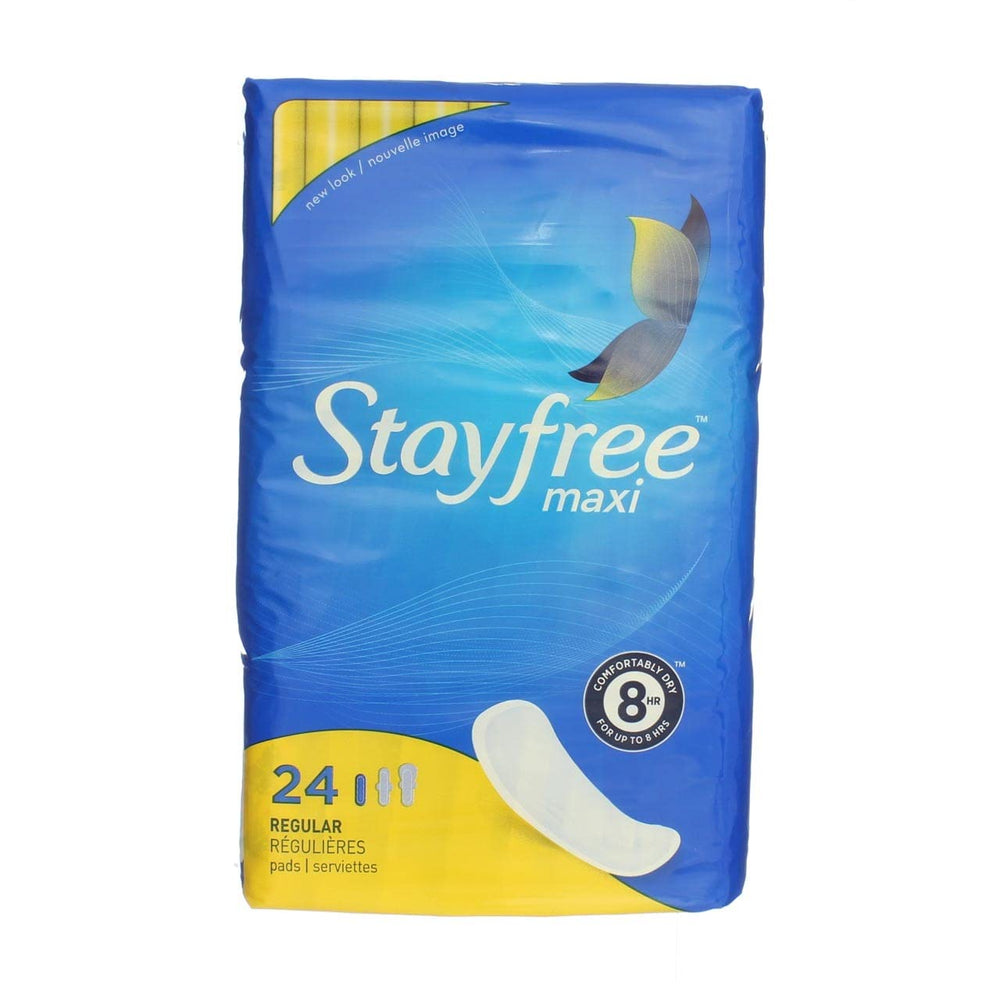 Stayfree Maxi Pads Regular Wingless Pack Front shows a 24-count pack for reliable daily protection.