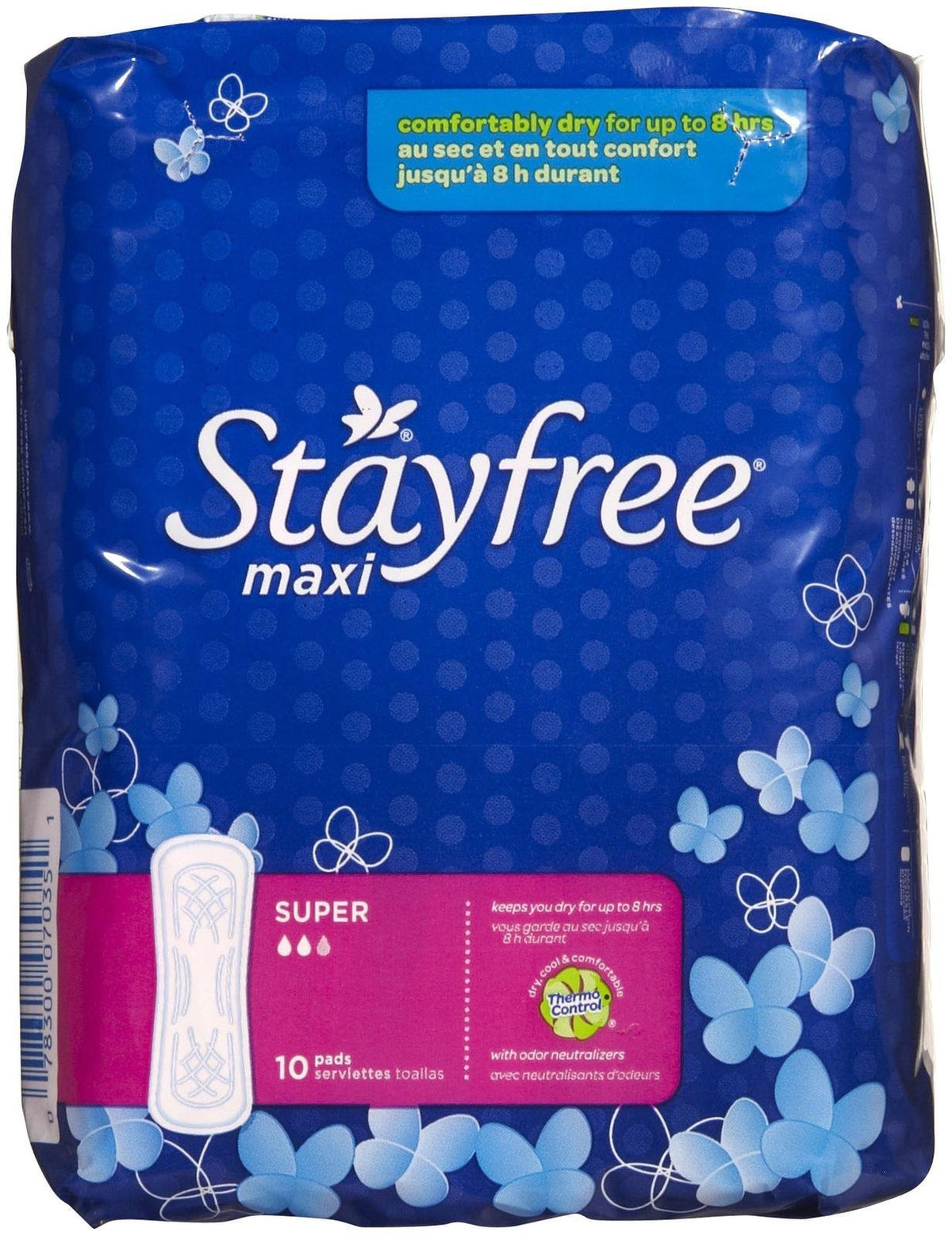Stayfree Maxi Pads Super 10 ct – front view, soft Cottony Dry Cover for comfort.