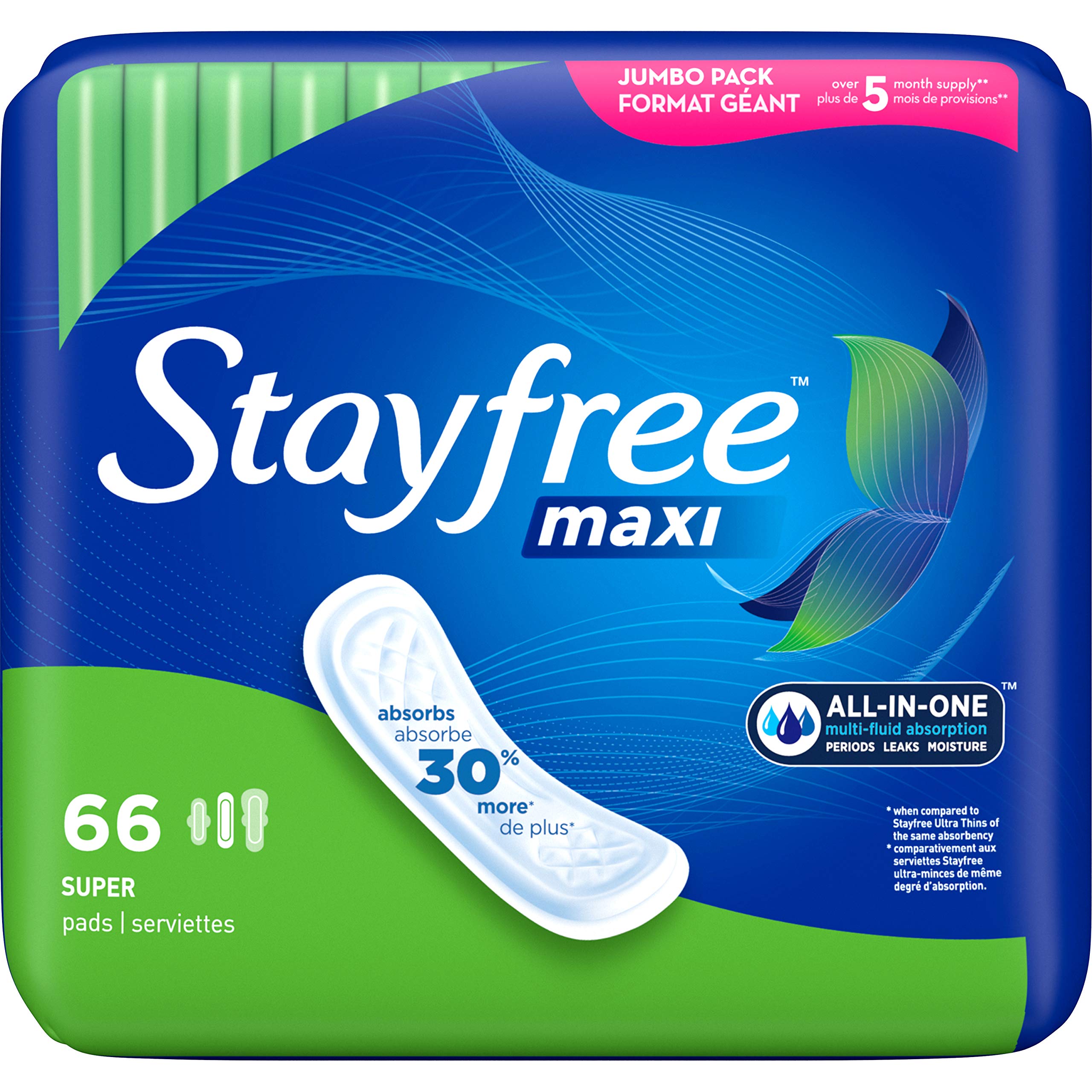 Stayfree Maxi Pads for Women Super 66 Count packaging showing reliable all-day protection